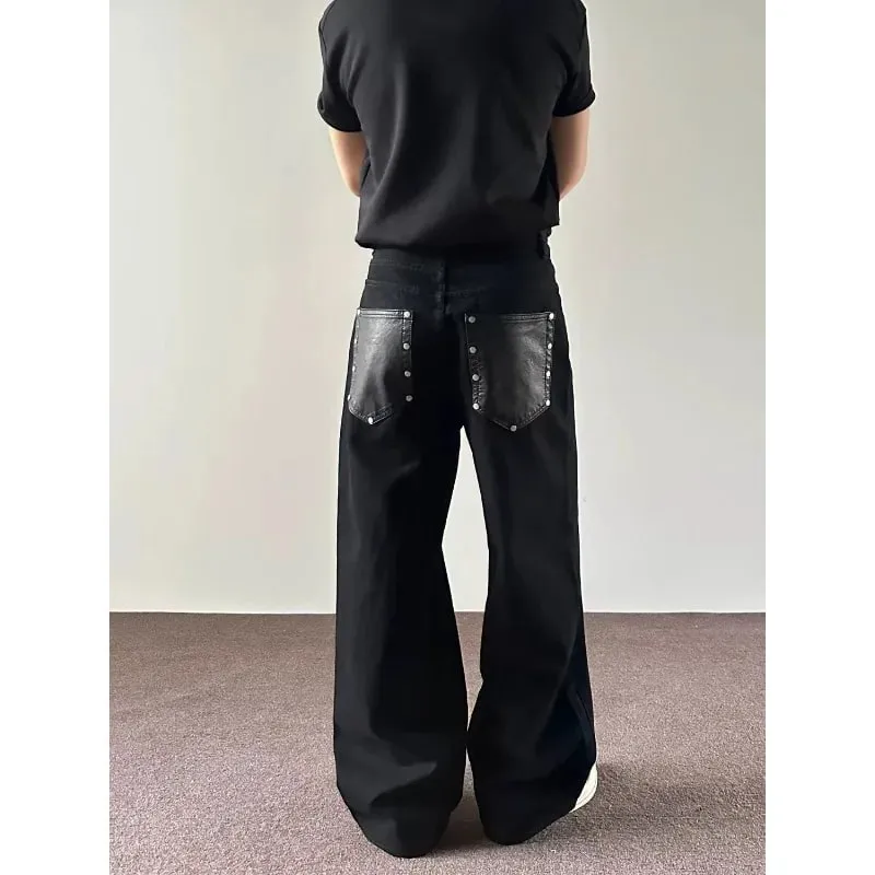Jeans pour hommes Noir Baggy Denim Pantalon Style américain Rivet Cinq Boutons Poche Coupe Ample Streetwear Homme Pantalon