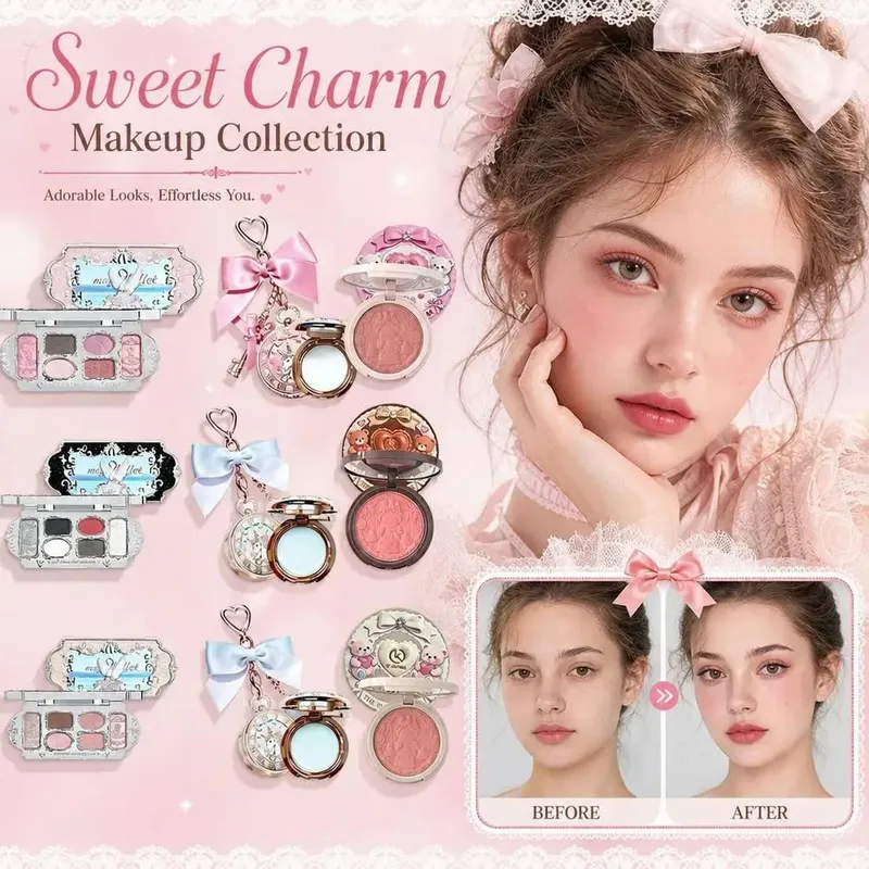Rekaan Timbul 3D Indah 3 dalam 1 Jantung Keychain Balsem Bibir Berkilauan Halus Palet Pembayang Mata Timbul Serbuk Blush — image 2