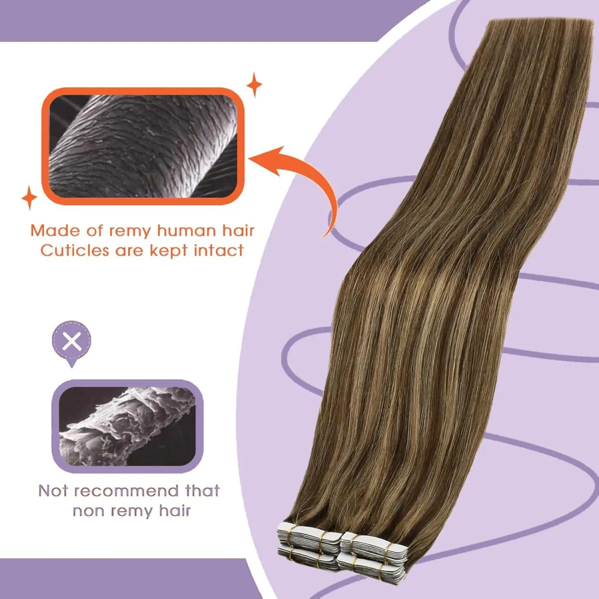 Lige tape i hårextensions Ægte menneskehår sømløs tape i menneskehår extensions 50 gram 20 stk. usynlig brun tape ins. — image 3