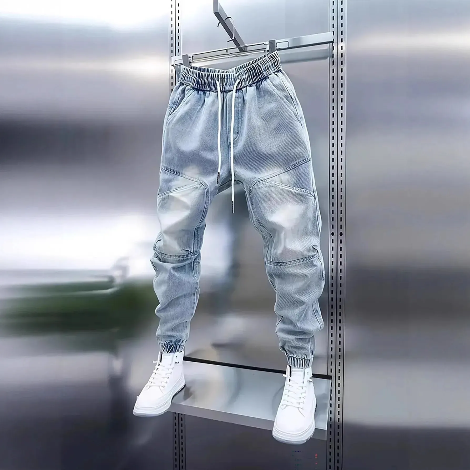 ผู้ชายใหม่ Drawstring เอวยางยืดสีฟ้าอ่อน Cuffed Baggy กางเกงยีนส์
