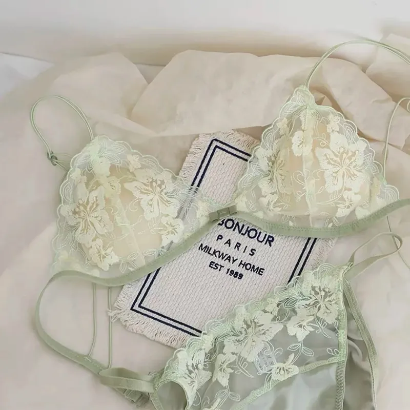 Bralette triangular francês, renda bordada, sem fio, transparente, vazado, sexy, desejo puro, conjunto de lingerie moyisu, sexy tushy — image 8