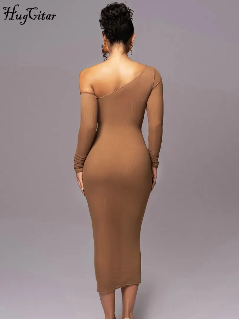 Gaun Maxi Bodycon Tembus Pandang Seksi Terbungkus Lengan Panjang Kerah Diagonal Solid Jaring Hugcitar Pakaian Fashion Musim Panas Klub Festival — image 5