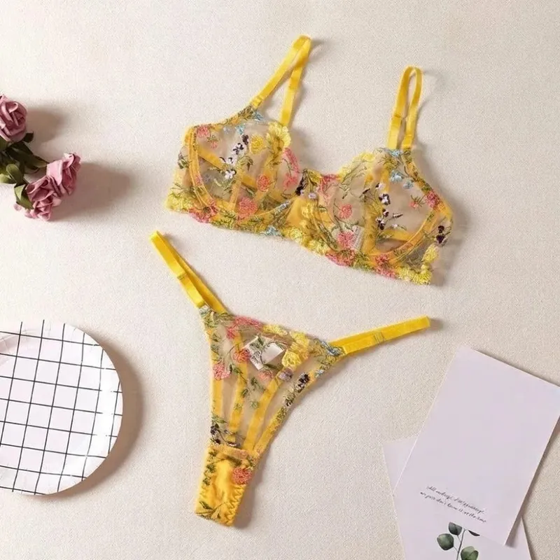2-Piece Bohemia Floral Lingerie Set Sheer Versatile Underwear Intimates Underwire Push-up Embroidery Bra Panty Set For Lady Girl