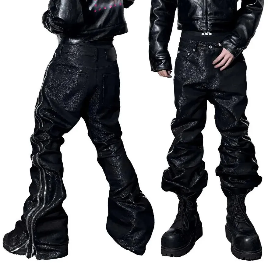 Jeans bootcut con trama metallica intrecciata in filo d'argento di alta qualità Jeans impilati punk gotico con doppie cerniere laterali da uomo — image 4