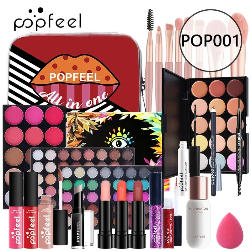 Dárková sada na make-up All-in-One s paletou očních stínů Foundation Lip Gloss štětce na oční linky a další kosmetické dárky