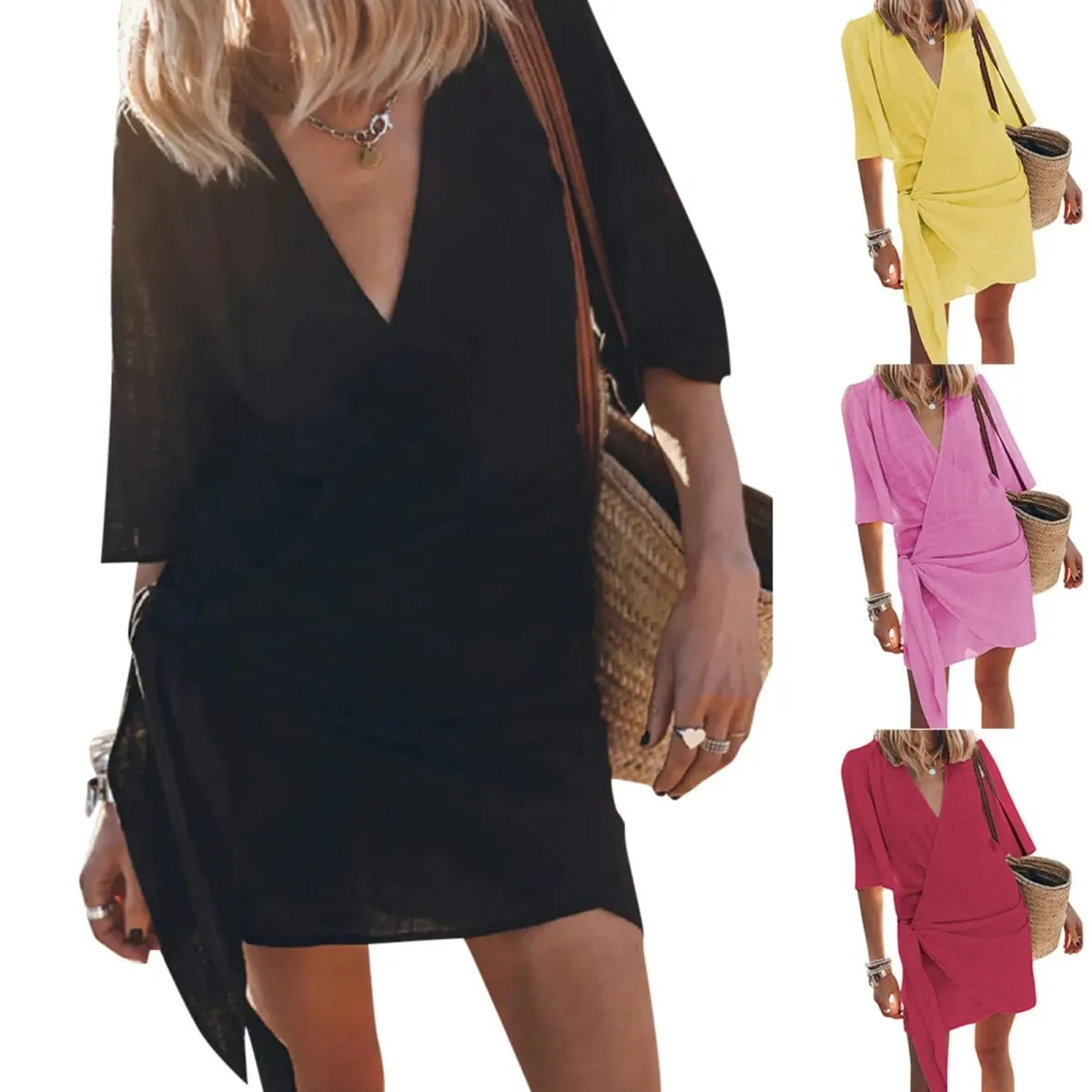 Abiti da donna avvolgenti in cotone e lino con scollo a V manica corta abito tinta unita abito estivo da spiaggia abiti casual da vacanza — image 1