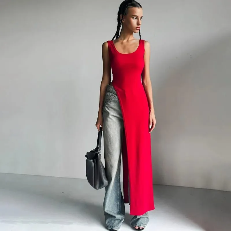 Sommer-Persönlichkeitstrend, schmale Passform, einfarbig, Straßennische, unregelmäßiger asymmetrischer Saum, ärmelloses Leibchen-Westenkleid — image 8