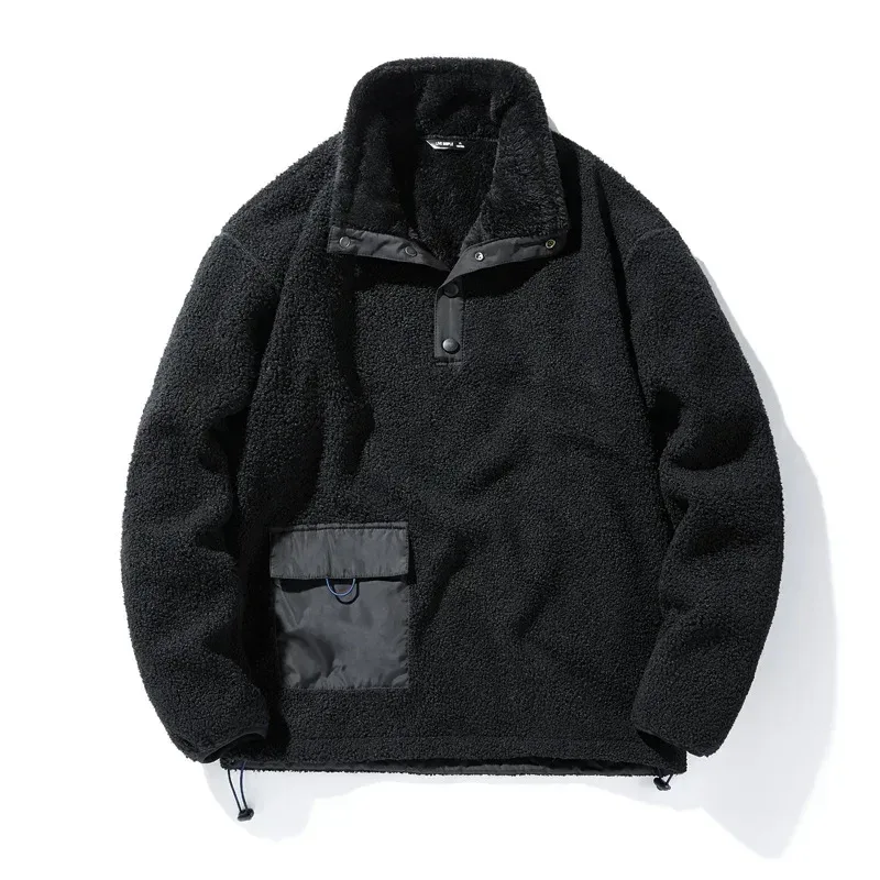 Nye sweatshirts til mænd Fashion Patchwork Lomme Fleece-foret Varm Pullover Overdele Polar-fleece til mænd Løse Casual Hættetrøjer Frakker