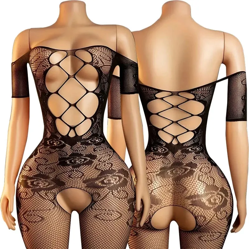블랙 Fishnet 오프 어깨 오픈 가랑이 Bodystocking 란제리 세트 섹시한 가랑이없는 테디 브래지어 여성의 에로 속옷 — image 9