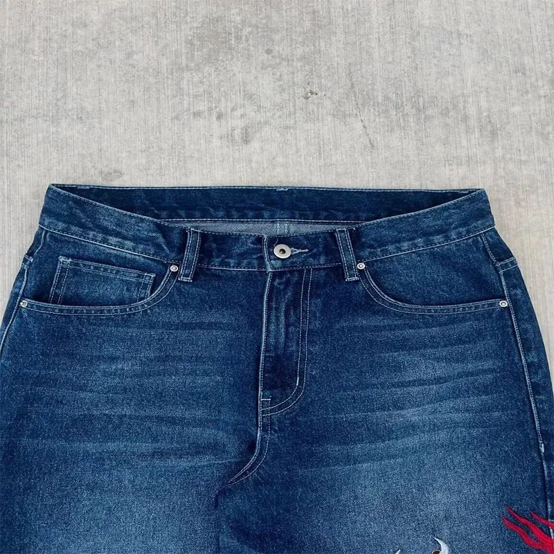 Ricamo Dragon Graffiti blu scuro jeans larghi larghi a gamba larga in difficoltà Y2K vita alta uomo donna vintage casual quotidiano streetwear — image 4