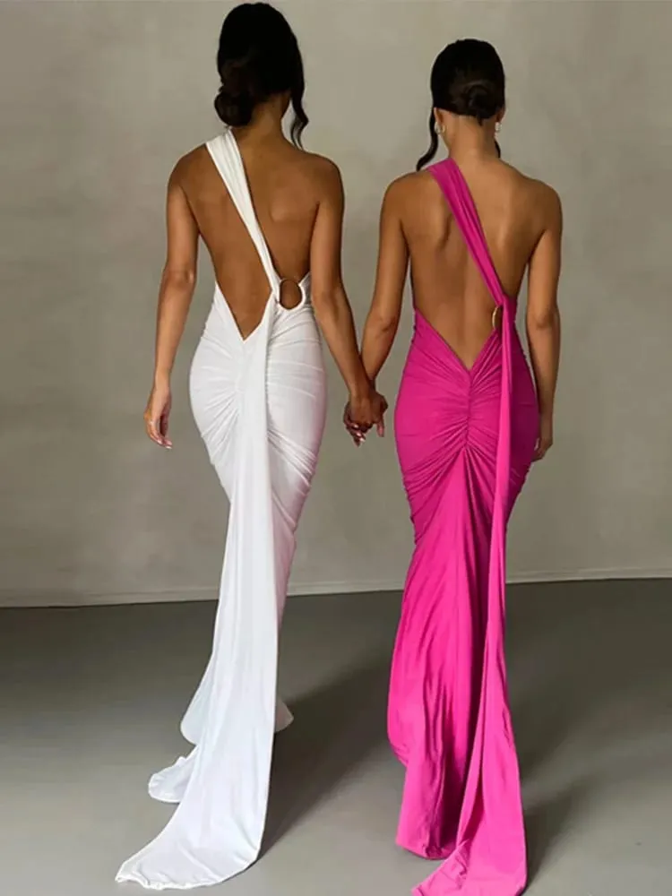 Pakaian Neon Y2K Satu Bahu Tanpa Lengan Tanpa Belakang Tanpa Belakang Ruched Bodycon Gaun Maxi untuk Pesta Hari Lahir Kelab Wanita Prom Petang — image 4