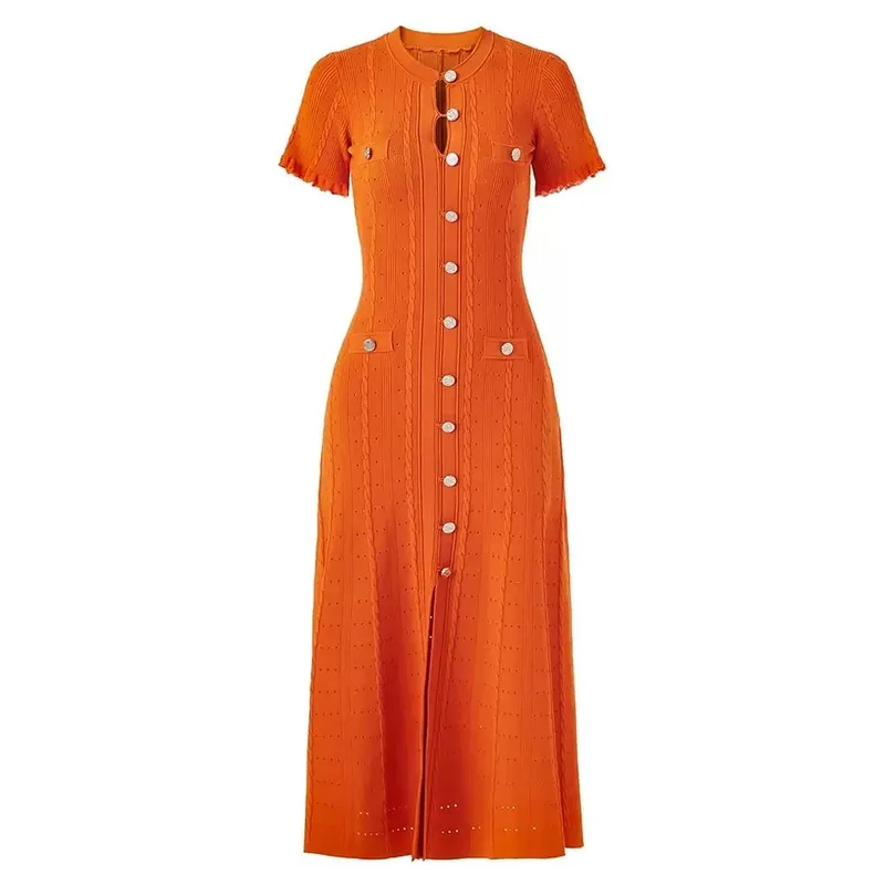 Vintage-Midikleid mit Zopfmuster, Knopfleiste vorne, Rüschen, kurze Ärmel, Taschendesign, elegantes, legeres Party-Strickkleid — image 4