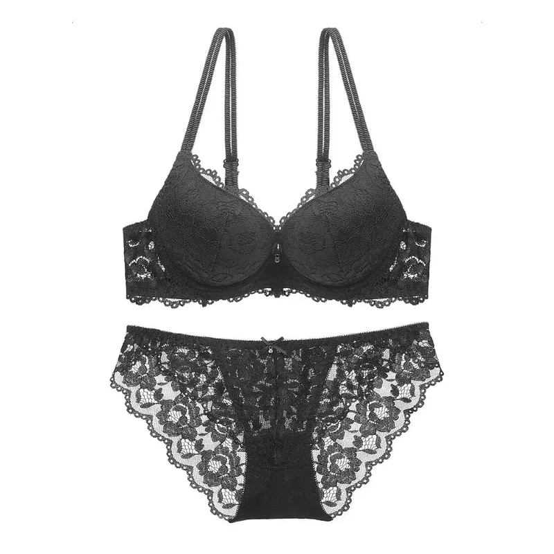 Comodo reggiseno a fiori in pizzo a rete a vita bassa con fiocco e mutandine con reggiseno Set intimo antiscivolo reggiseno push up da donna estivo
