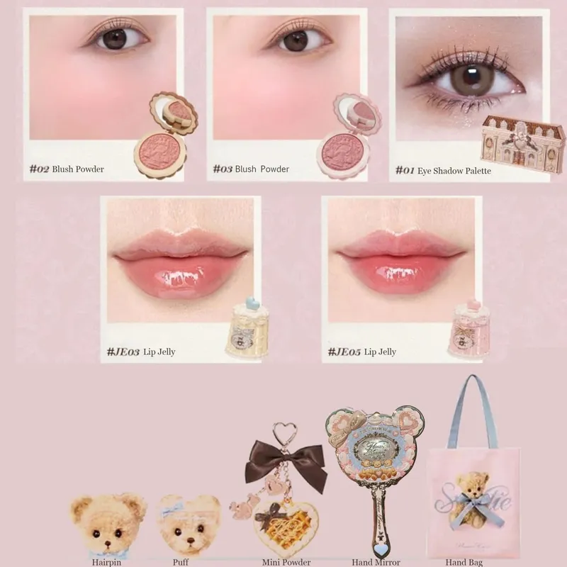 Flower Knows Kit per il trucco Sweetie Bear Palette di correttori Fard in raso di seta Gelatina per labbra Specchio Clip per capelli Borsa per trucco Mini Set di cipria