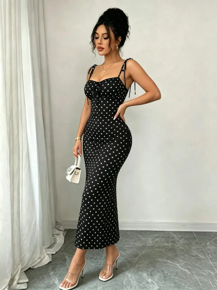 Black and White Polka Dot Bow Mid-Length Dress Pleated Tight-Fitting Fishtail Dress Vintage Slim-Fit Fishtail Party Long Dress — image 5