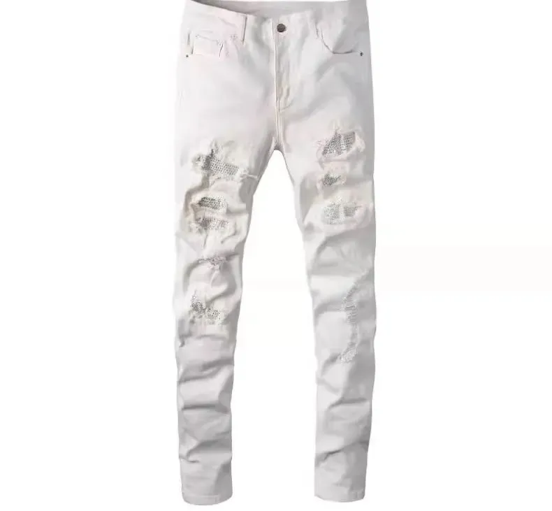 Diamant-besat vasket Ripped Patch Patchwork Hot Diamond Jeans Beggar Pants Mænd