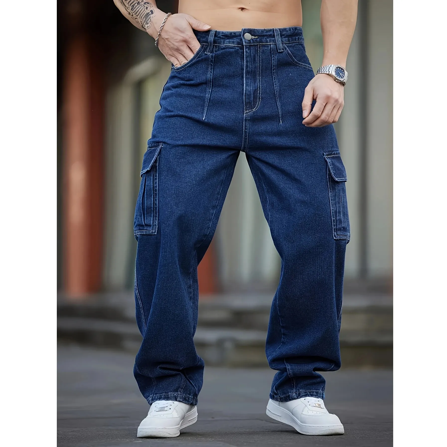Herren-Jeans aus tiefblauem, gewaschenem Denim, Arbeitskleidung, lässiges Design mit mehreren Taschen, lockere Hose mit weitem Bein, Cargohose im Y2K-Stil