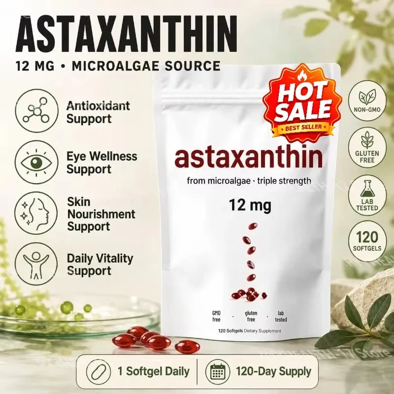 Ασταξανθίνη 12 mg ζελατίνης Softgels From Microalgae Αντιοξειδωτική Υποστήριξη Χωρίς ΓΤΟ χωρίς γλουτένη Εύκολο στην κατάποση 120 softgels — image 1