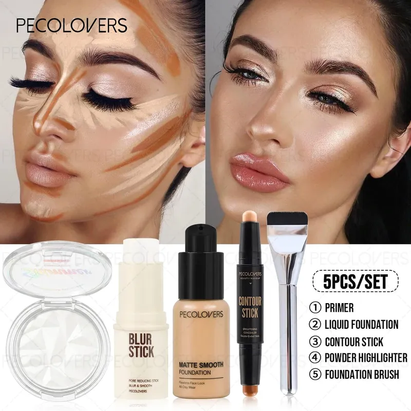 5 pezzi Set viso fondotinta + stick di riparazione + barra base prima del trucco + highlight + pennello trucco Set completo impermeabile di cosmetici per il viso