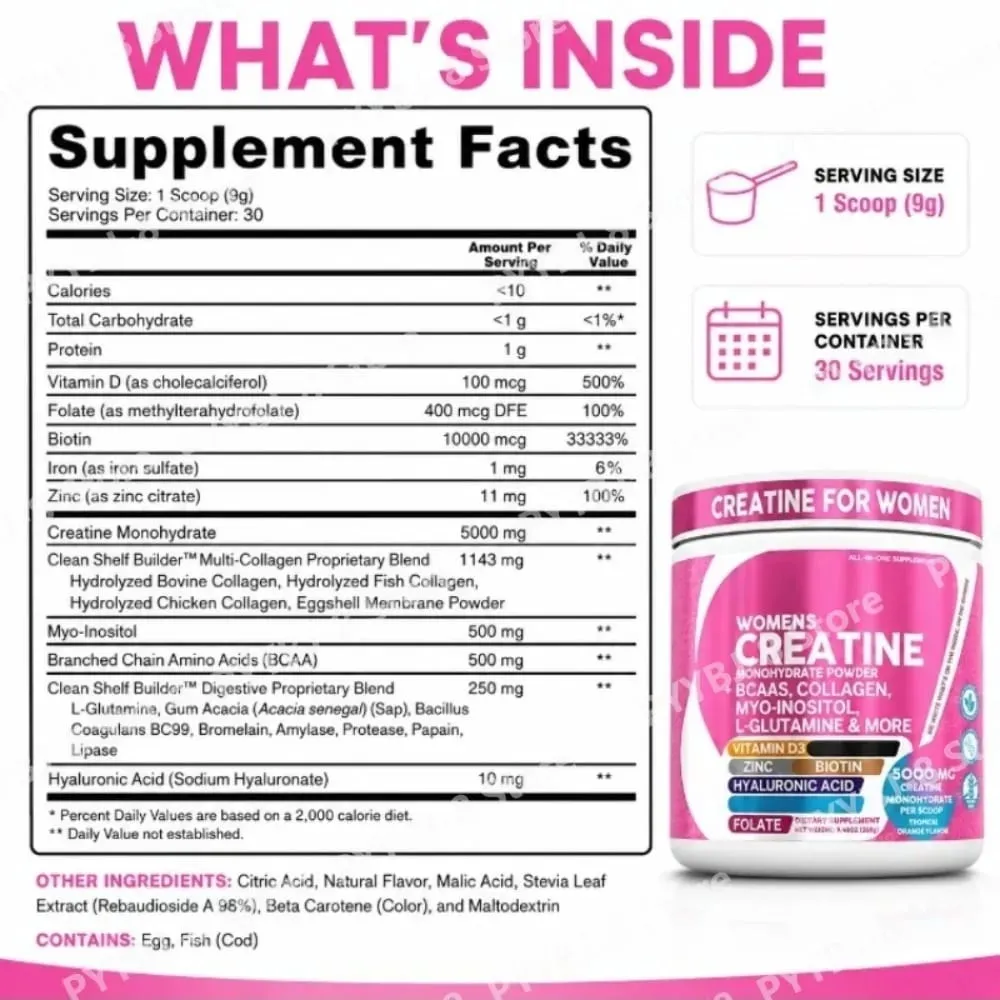 ผู้หญิง Creatine Monohydrate Powder 5000mg BCAA Multi-Collagen Biotin วิตามิน D3 Tropical Orange กีฬาโภชนาการ 30 เสิร์ฟ — image 3
