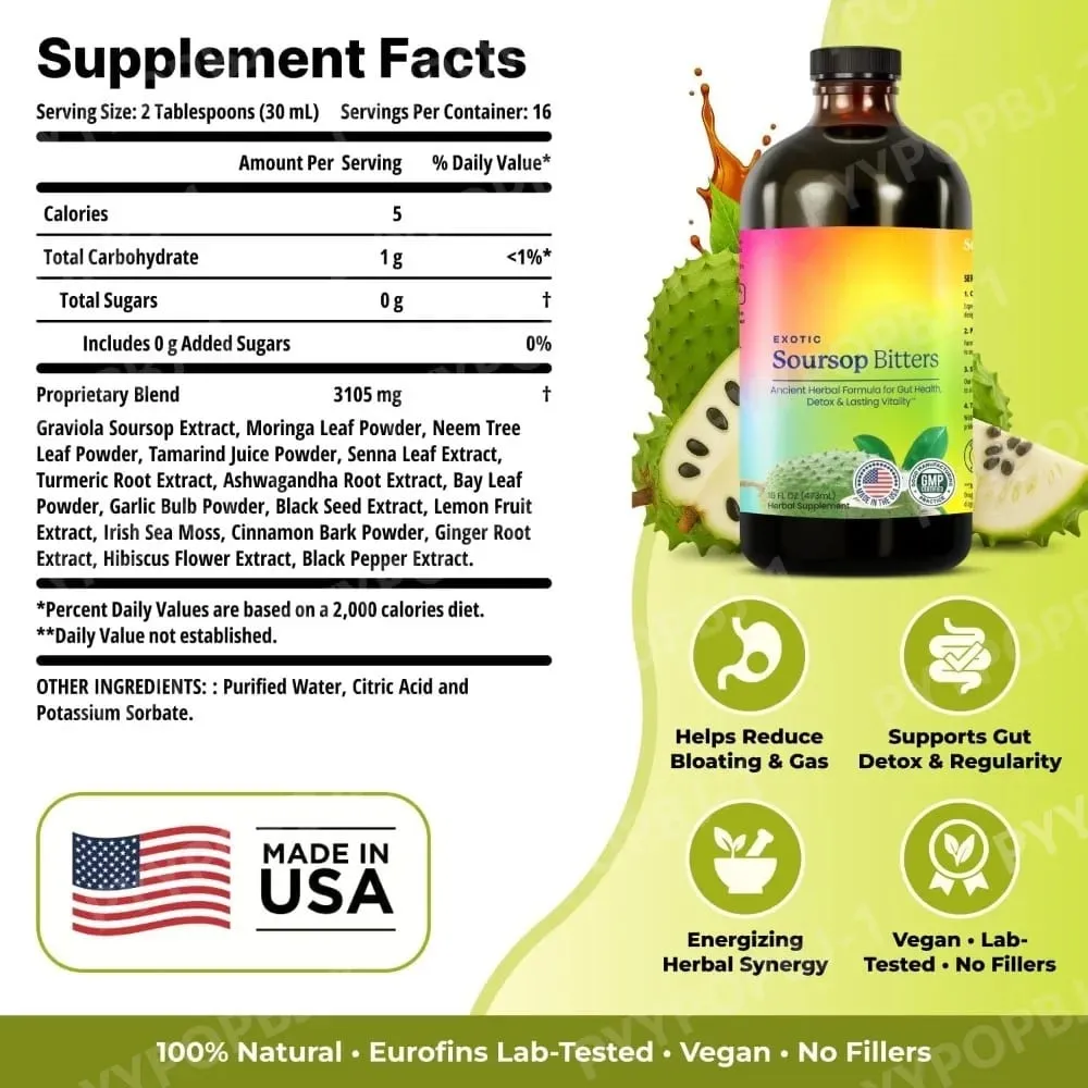 Amaro di soursop Estratto di erbe liquido Miscela di guanabana a base vegetale con zenzero Curcuma e muschio marino Integratore per il benessere quotidiano — image 6