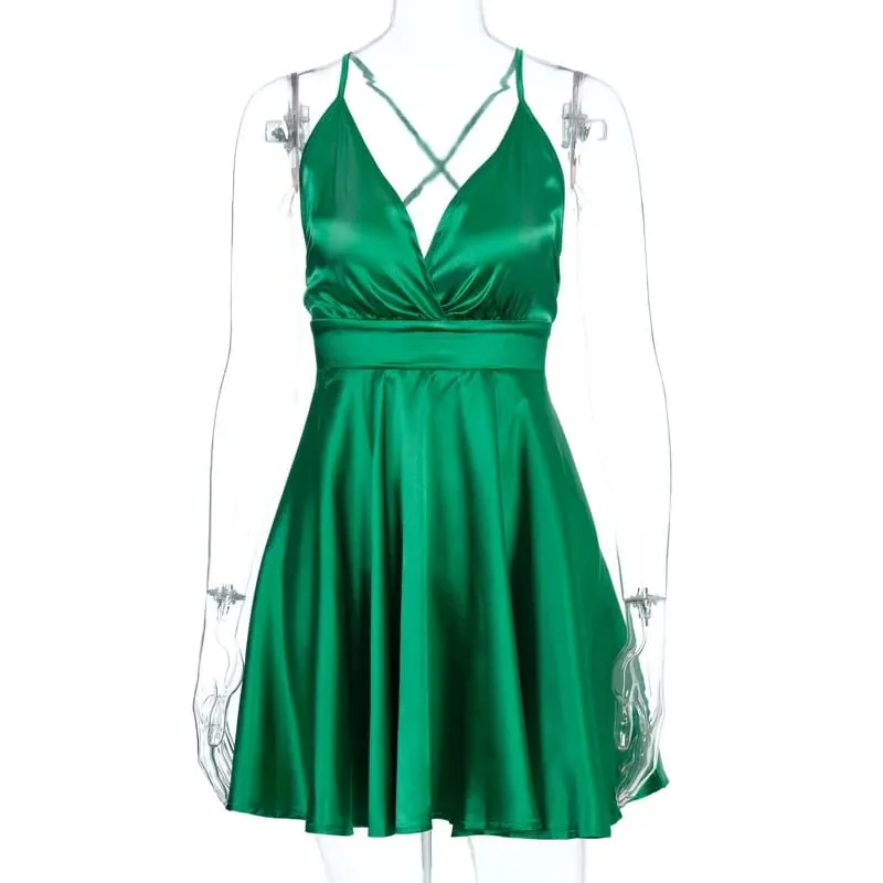 Été Sexy années 2000 européenne et américaine couleur unie col en v nœud High Street style Vintage emo sangle robe sangle a-ligne courte Dres