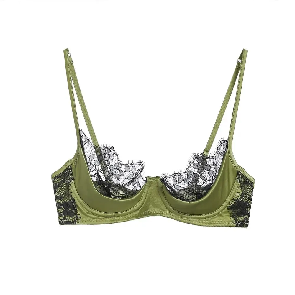 ลูกไม้ฝรั่งเศสชุดชั้นในครึ่งถ้วยชุดสีเขียว Ultra Thin SHEER นุ่มสบาย Underwire Bra สำหรับผู้หญิงหน้าอกเล็ก 32-38AB — image 3