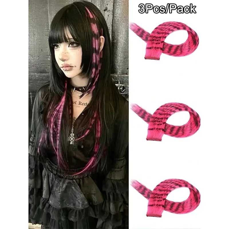 3 pezzi estensioni dei capelli con stampa leopardata striscia sintetica pezzo di capelli stampato clip lunga e dritta colorata nei capelli per le donne ragazze festa — image 18
