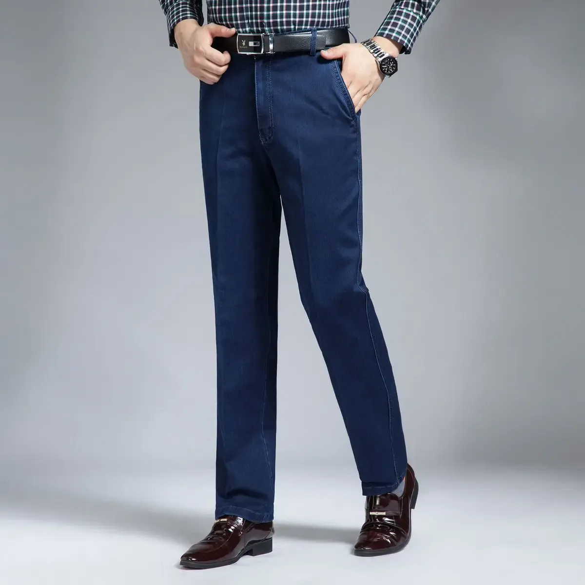 Primavera e verão jeans de meia-idade high-end elástico solto de cintura alta jeans masculino pai calças jeans de negócios — image 6