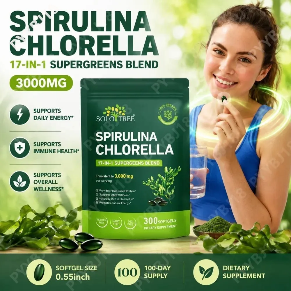 Solo Tree Spirulina Chlorella Softgels dengan Mikroalga Organik Vitamin B6 B12 Keseimbangan Pencernaan & Dukungan Kekebalan Tubuh 300 Softgels — image 2