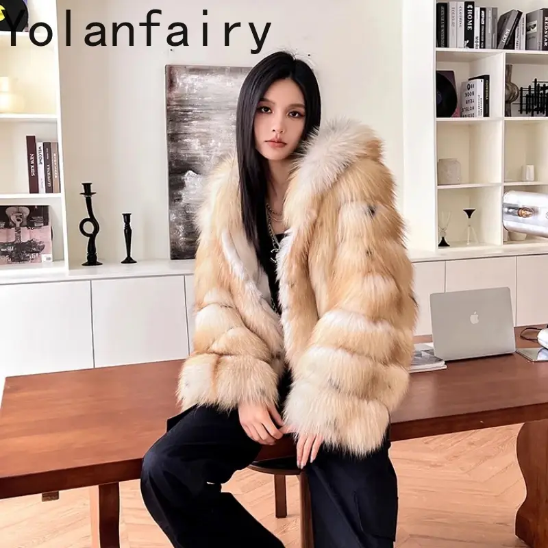 autumn and winter Imported whole fox fur Thickened New hooded long-sleeve dcommuting style fur coat шуба женская 2025 — image 1