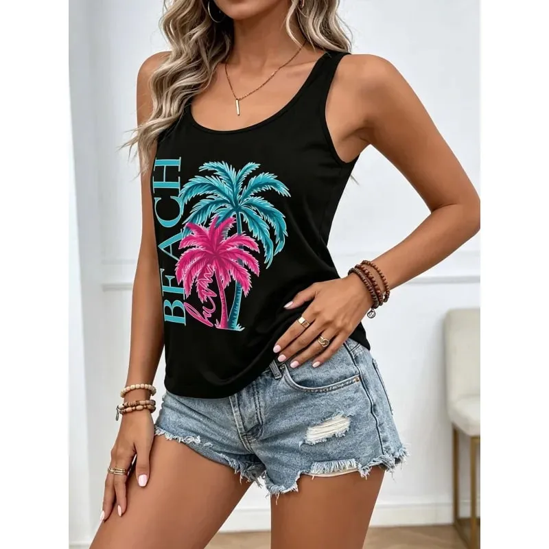 Top estivi da donna con stampe di alberi di cocco Top senza maniche. Abbigliamento da spiaggia comodo e casual per uno stile da vacanza. — image 3