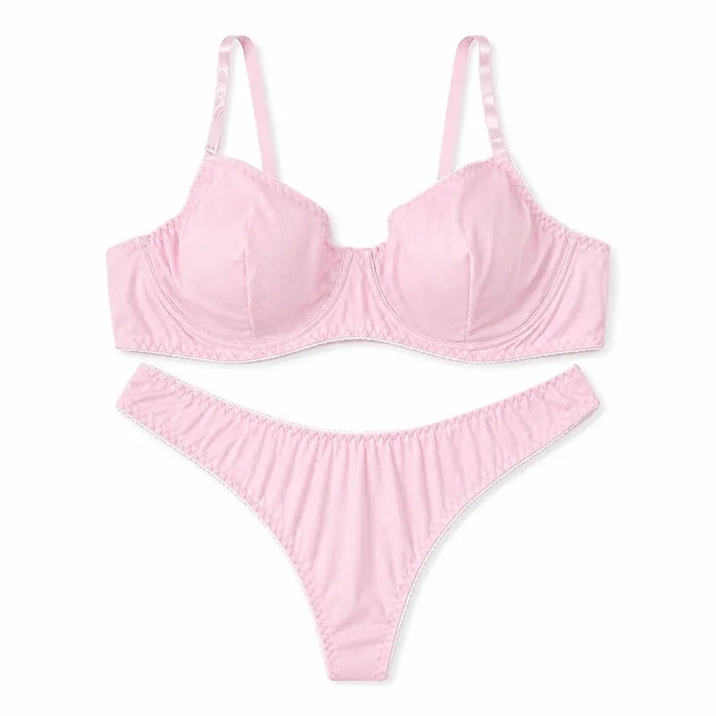 Set di biancheria intima da donna a costine tinta unita con ferretto e coppa sottile abbinato a perizoma a vita bassa morbido intimo quotidiano