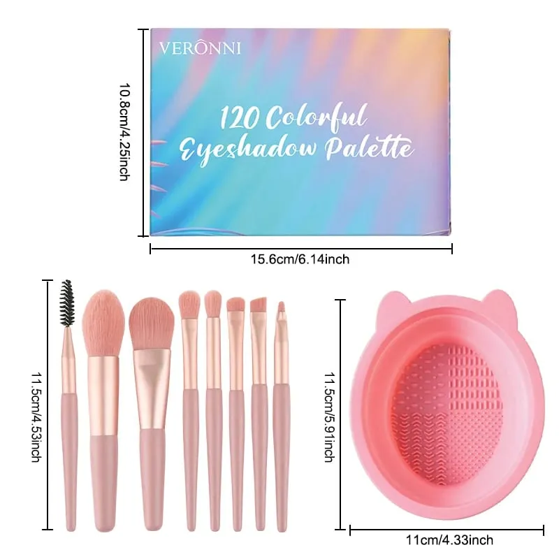 Kit de maquillage 3 pièces, Palette de fard à paupières 120 couleurs avec 8 pinceaux de maquillage et bol de nettoyage de brosse pliable en Silicone pour les fêtes quotidiennes — image 7