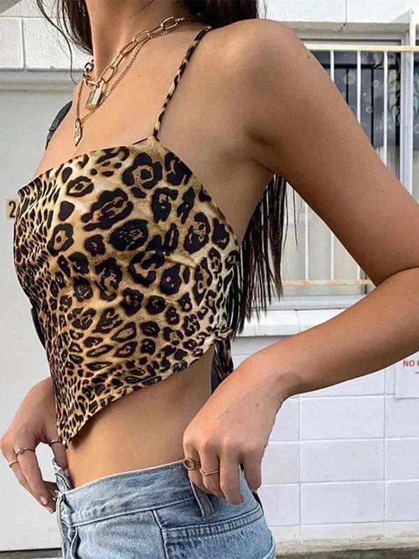 Leopardenmuster Damen Tank Tops Rückenfrei Sexy Rave Outfits Ärmellos Kreuz Schnürung Bralette Crop Top Sommer Streetwear — image 3