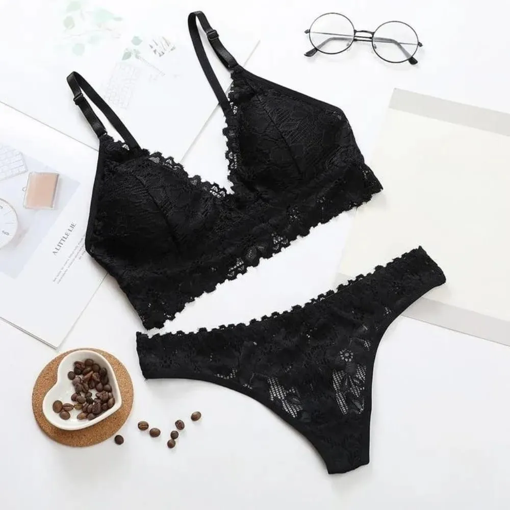 Set reggiseno con fiori in pizzo con scollo a V, perizoma in tinta unita floreale, kit reggiseno con mutandine a vita bassa, intimo in pizzo, regalo di San Valentino — image 3