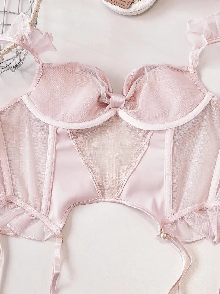 Ensemble de Lingerie Corset en arête de poisson rose avec coussinet de poitrine, soutien-gorge à Double bretelles fixes pour femmes, costume avec sous-vêtements — image 3