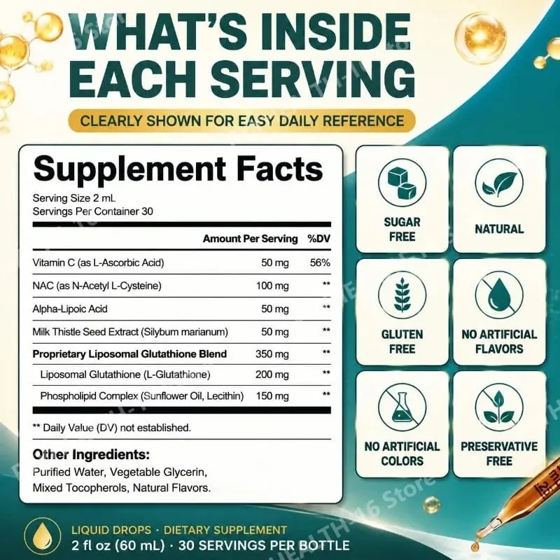 Lenm Gocce liquide di glutatione liposomiale Supporto alla difesa antiossidante con vitamina C e NAC Senza zucchero e senza glutine 60 ML — image 3