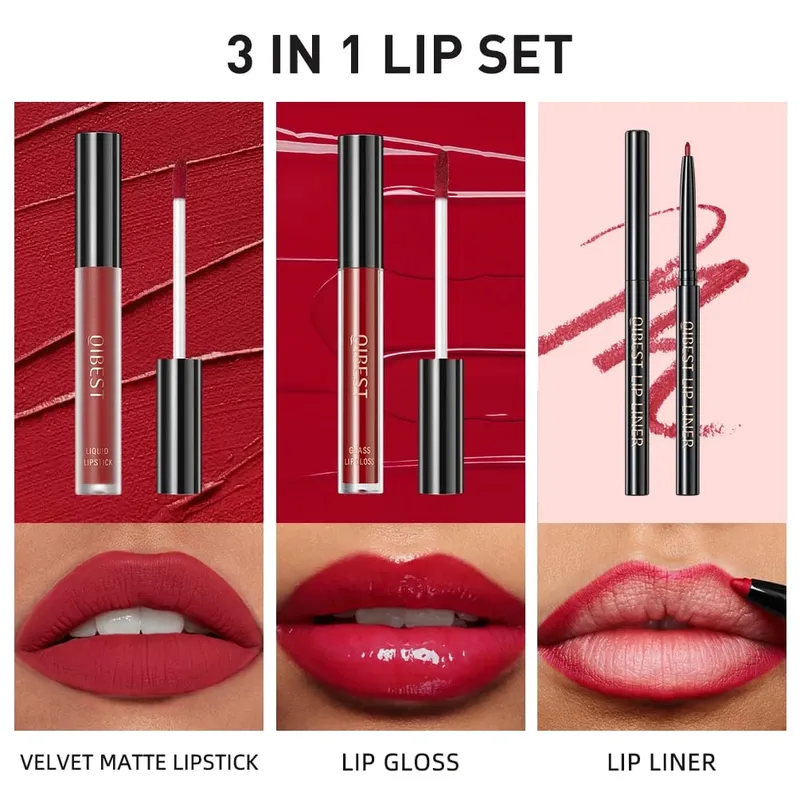 Lipstik Cair Matte & Lip Liner & Lip Gloss 3 Buah Set Kit Kosmetik Pewarna Bibir Merah Hitam Ungu Tahan Lama Anti Lengket — image 2