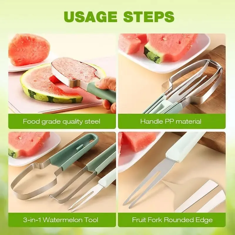 Affettatrice per anguria Stampo per ghiaccioli 3 in 1 Paletta per melone Strumento per paletta per frutta per scavare separatore di polpa Coltello da frutta creativo — image 3