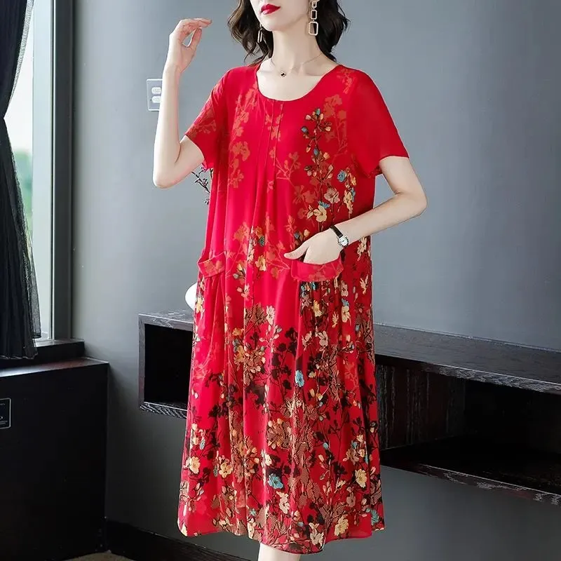 Mutter Kleidung Sommer Chiffon Kleider Oansatz Mid-Lange Gedruckt A-linie Kleid Große Größe Kurzarm Mittleren Alters frauen Vestidos — image 2