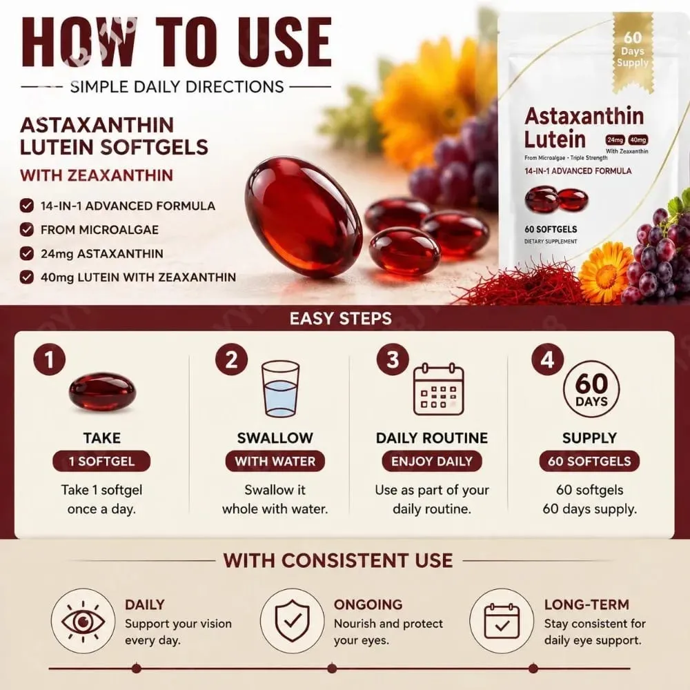 Augenergänzungsmittel mit dreifacher Stärke, Lutein, Astaxanthin und Zeaxanthin, Sehunterstützung bei Bildschirmblendung und digitaler Augenbelastung, 60 Kapseln