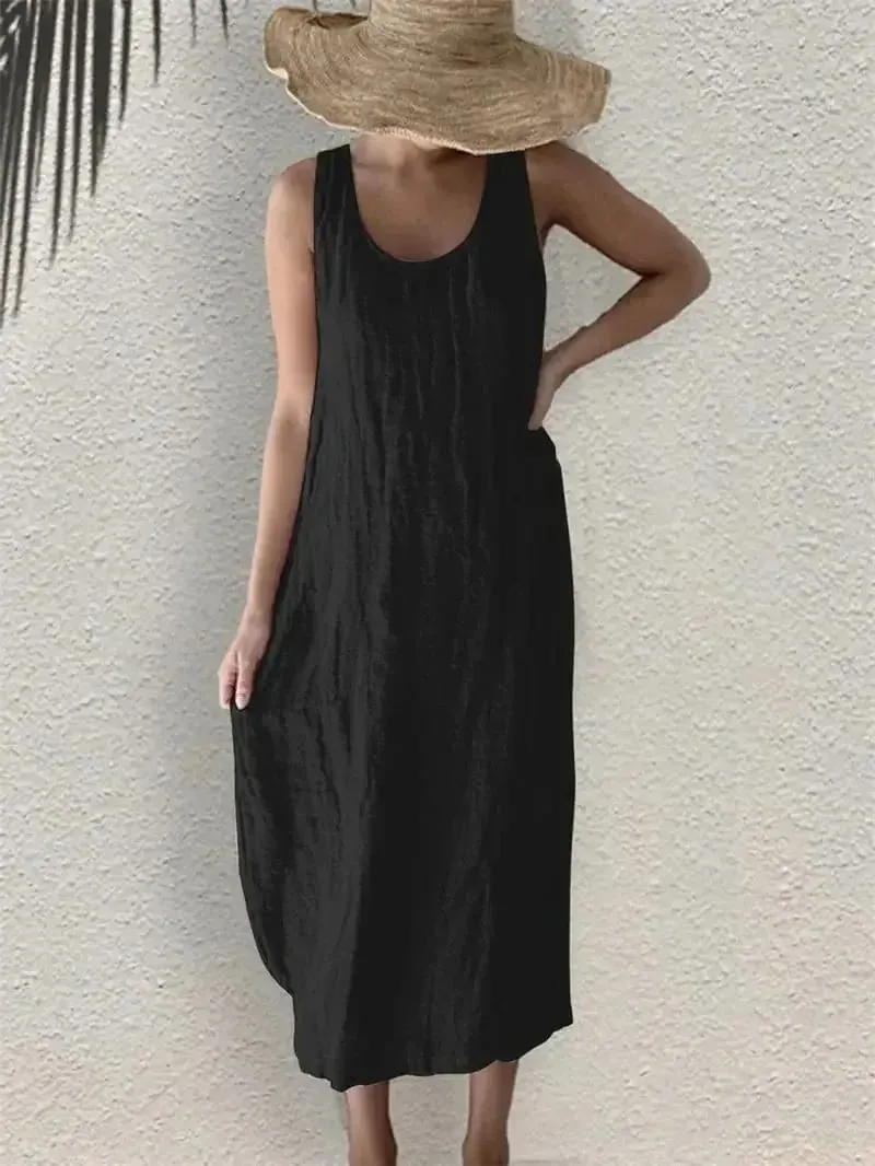 Robe en coton et lin pour femmes, confortable et décontractée, couleur unie, poches latérales, col rond, pull sans manches, été, 2026 — image 6