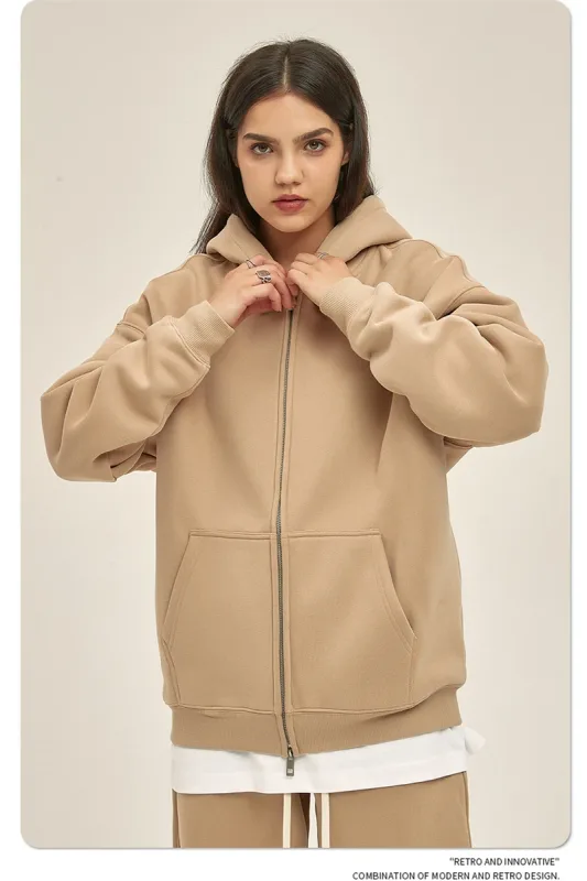 New Men Double Headed Zipper Fleece Hoodies Unisex Loose Basic Solid Warm Hooded Sweatshirts Coats For Winter HY0633