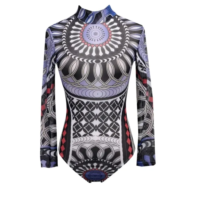 Body a rete da donna Body body a maniche lunghe con stampa etnica vintage Top trasparente attraverso tute da club sexy