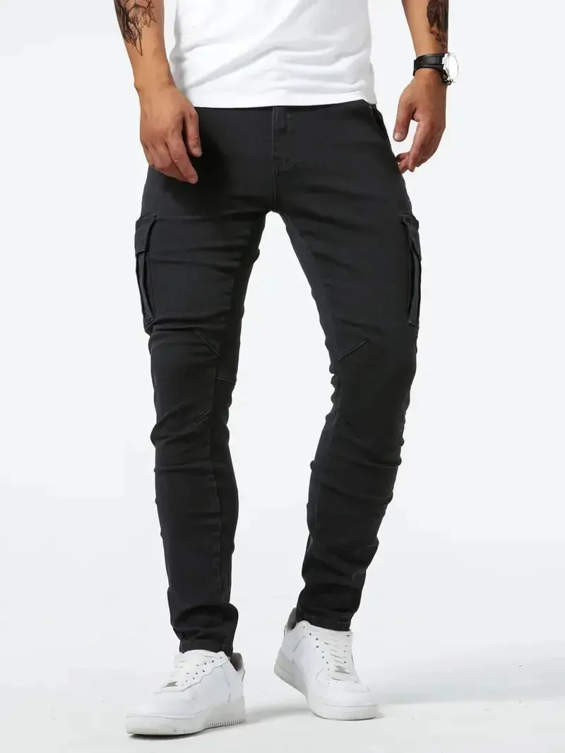 Panlalaking street stretch denim jeans wasshed solid color multi pocket work pants casual slim fit daily wear jogging pants mid wa — image 3
