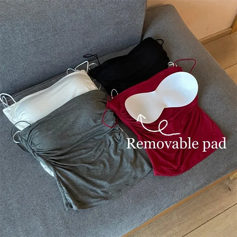 Korean Style Women Tank Tops Spaghetti Strap Camisole Solid Color Push Up Padded Tank Top Cups Sports Vest Tops Summer Camis