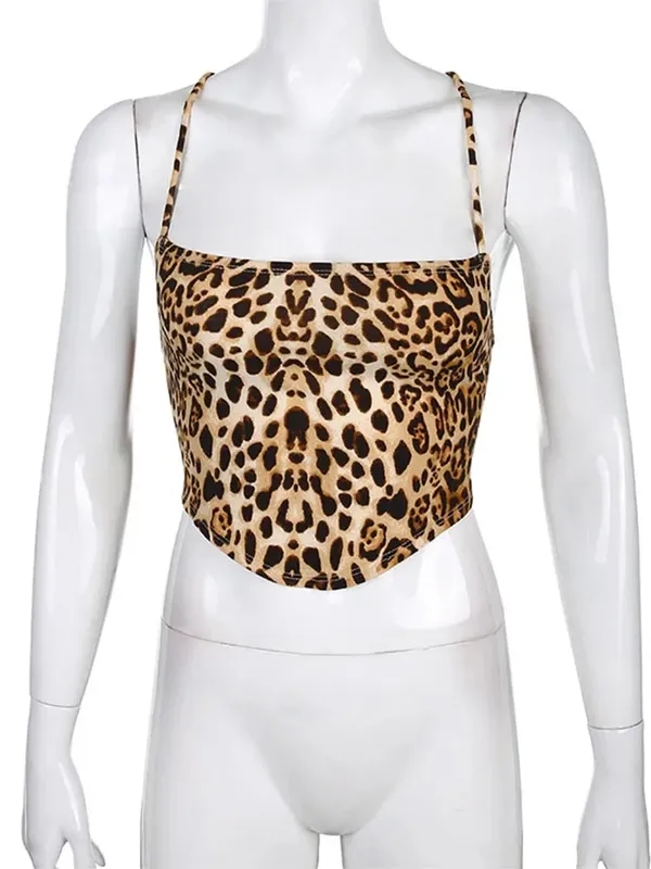 Leopardenmuster Damen Tank Tops Rückenfrei Sexy Rave Outfits Ärmellos Kreuz Schnürung Bralette Crop Top Sommer Streetwear — image 5