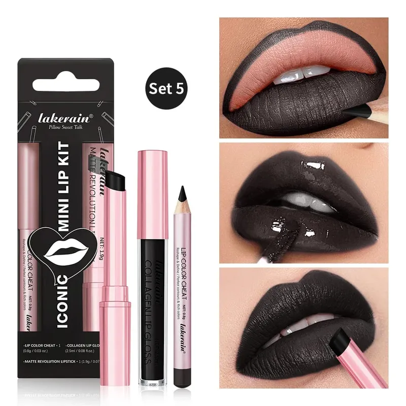 กันน้ำ Long Lasting Matte ลิปสติกสีดำชุด Velvet Liquid Lip GLOSS Lip Liner ชุดคราบสีแดงฮาโลวีน Goth แต่งหน้า — image 2