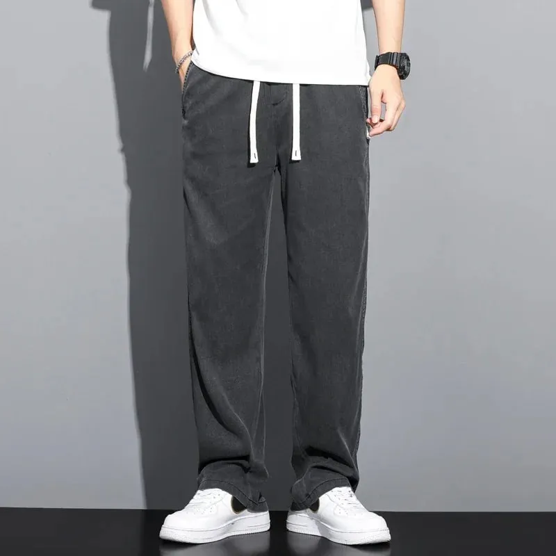 S-5XL 6Style Men's Loose Jeans Summer Soft Lyocell Thin Fabric Straight Pants Drawstring Elastic Waist Korea Casual Trousers Y2K — image 3